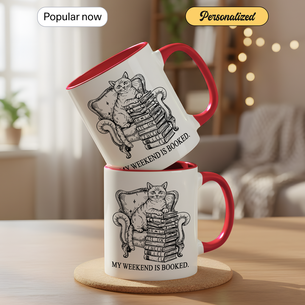 My Weekend Is Booked Mug – Vintage Cat Reading Coffee Cup – Book Lover Gift – Introvert Humor Mug – 11oz 15oz Ringer Mug |Mug  135