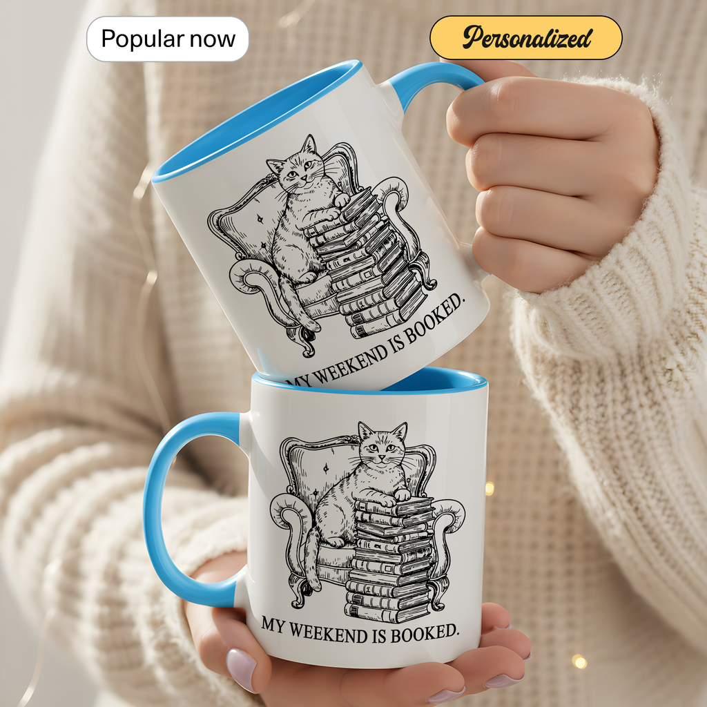 My Weekend Is Booked Mug – Vintage Cat Reading Coffee Cup – Book Lover Gift – Introvert Humor Mug – 11oz 15oz Ringer Mug |Mug  135